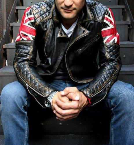 Men's Biker Vintage Quilted Distressed Brown Racer UK Flag Leather Jacket - Image 2