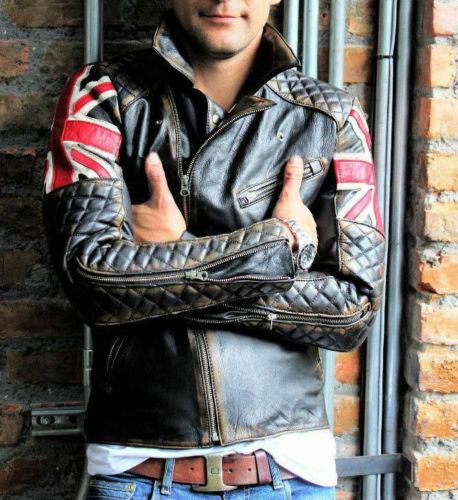 Men's Biker Vintage Quilted Distressed Brown Racer UK Flag Leather Jacket - Image 3