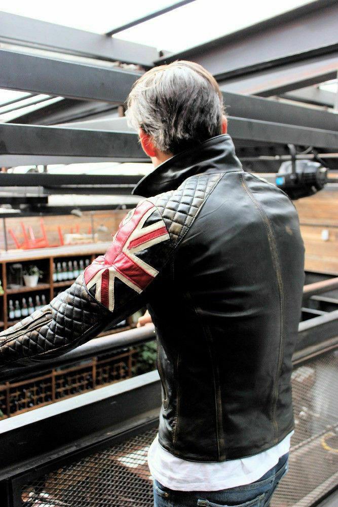Men's Biker Vintage Quilted Distressed Brown Racer UK Flag Leather Jacket - Image 4