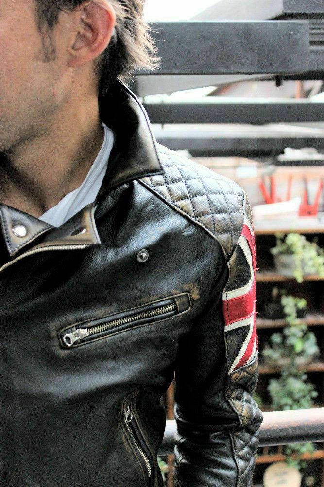 Men's Biker Vintage Quilted Distressed Brown Racer UK Flag Leather Jacket - Image 5
