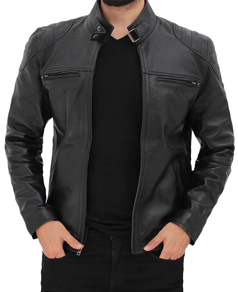 Vermont Black Leather Cafe Racer Motorcycle Jacket - Image 3