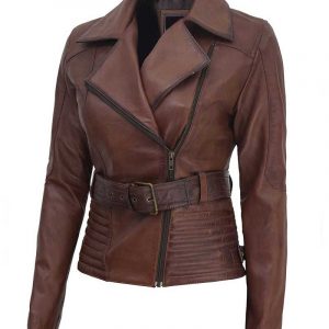 Alternative view of Women Brown Belted Asymmetrical Biker Jacket