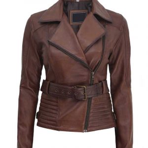 Copy of Women Brown Belted Asymmetrical Biker Jacket