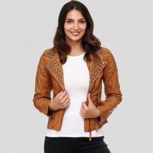 Womens Brown Studded Biker Leather Jacket