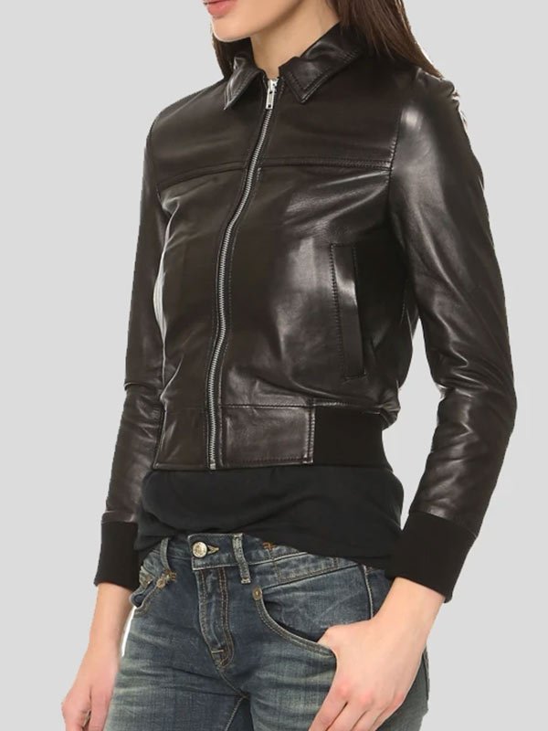 Womens Black Leather Bomber Jacket - Image 3