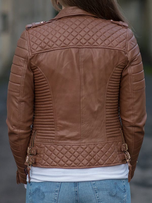 Womens Boda Style Quilted Leather Biker Jacket Brown - Image 2