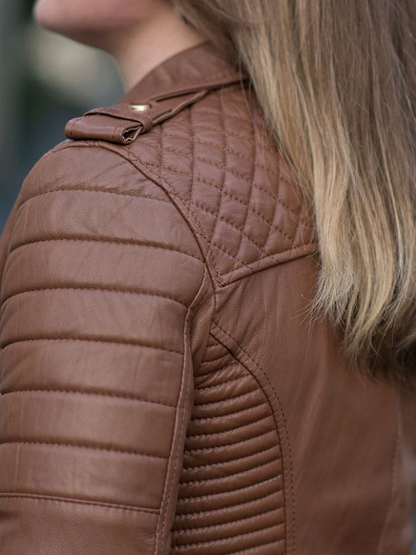 Womens Boda Style Quilted Leather Biker Jacket Brown - Image 4