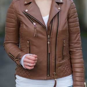 Womens Boda Style Quilted Leather Biker Jacket Brown