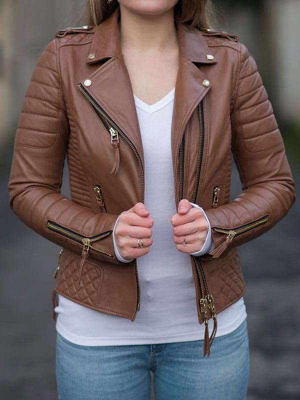 Womens Boda Style Quilted Leather Biker Jacket Brown - Image 5