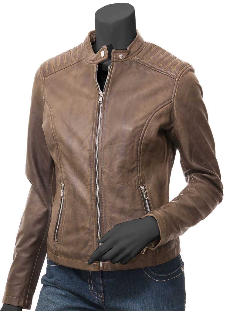Women’s Brown Biker Genuine Lambskin Leather Jacket - Image 2