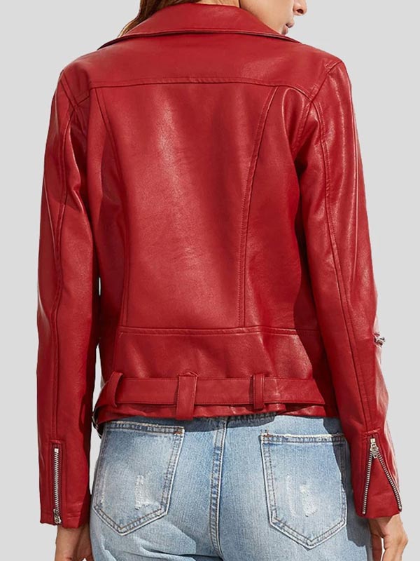 Womens Wear Red Leather Biker Jacket - Image 2