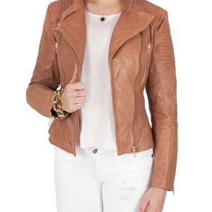 Womens Quilted Leather Jacket Tan Brown