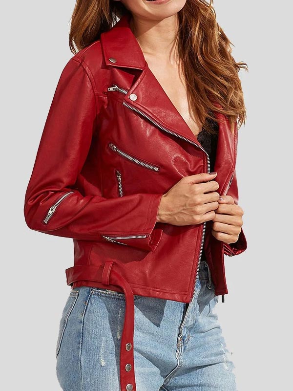 Womens Wear Red Leather Biker Jacket - Image 3