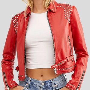 Alternative view of Womens Studded Red Cropped Leather Jacket