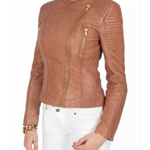 Alternative view of Womens Quilted Leather Jacket Tan Brown