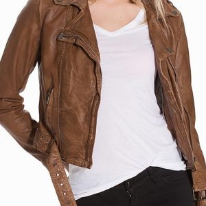 Alternative view of Womens Vintage Style Leather Motorcycle Jacket Tan Brown