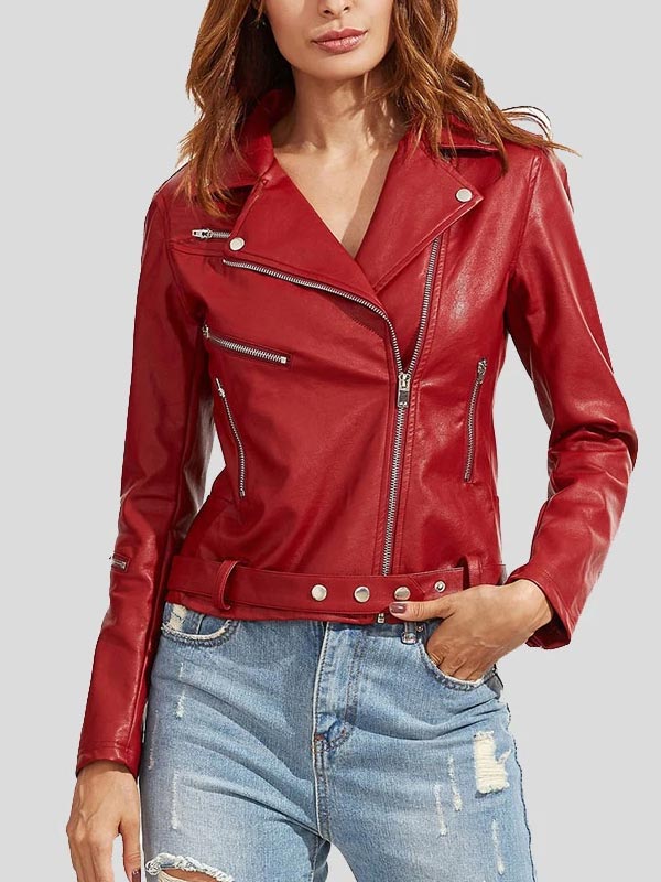 Womens Wear Red Leather Biker Jacket - Image 4