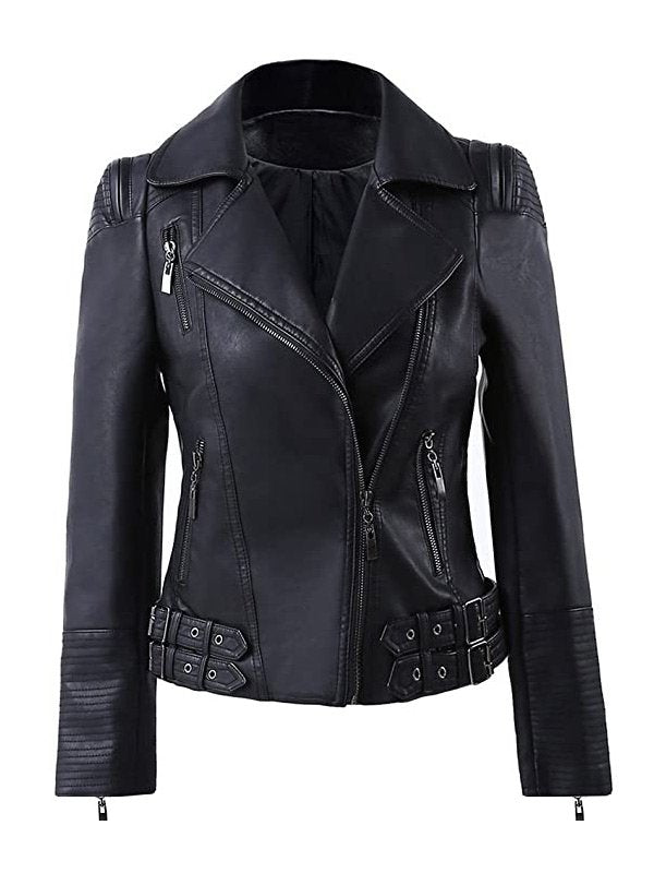 Women's Zip Up Moto Biker Leather Jacket - Image 2
