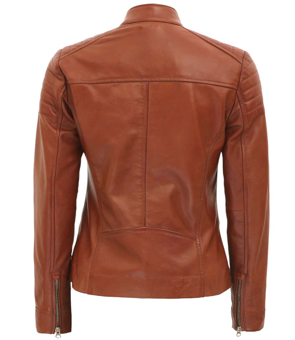 Carrie Womens Slim Fit Brown Padded Cafe Racer Leather Jacket - Image 2