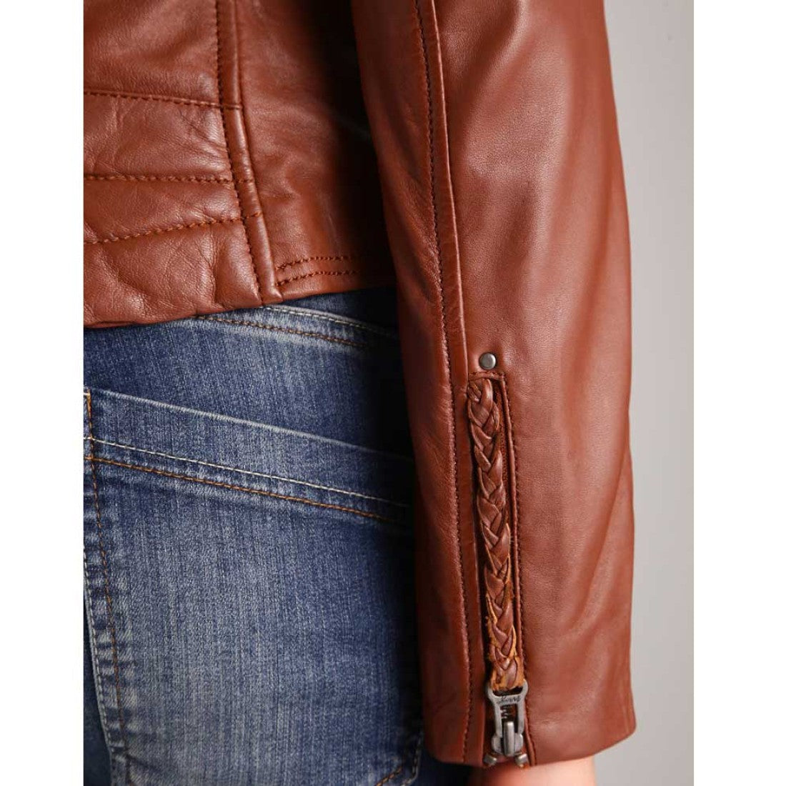 Women's Biker Style Casual Brown Leather Jacket - Image 4