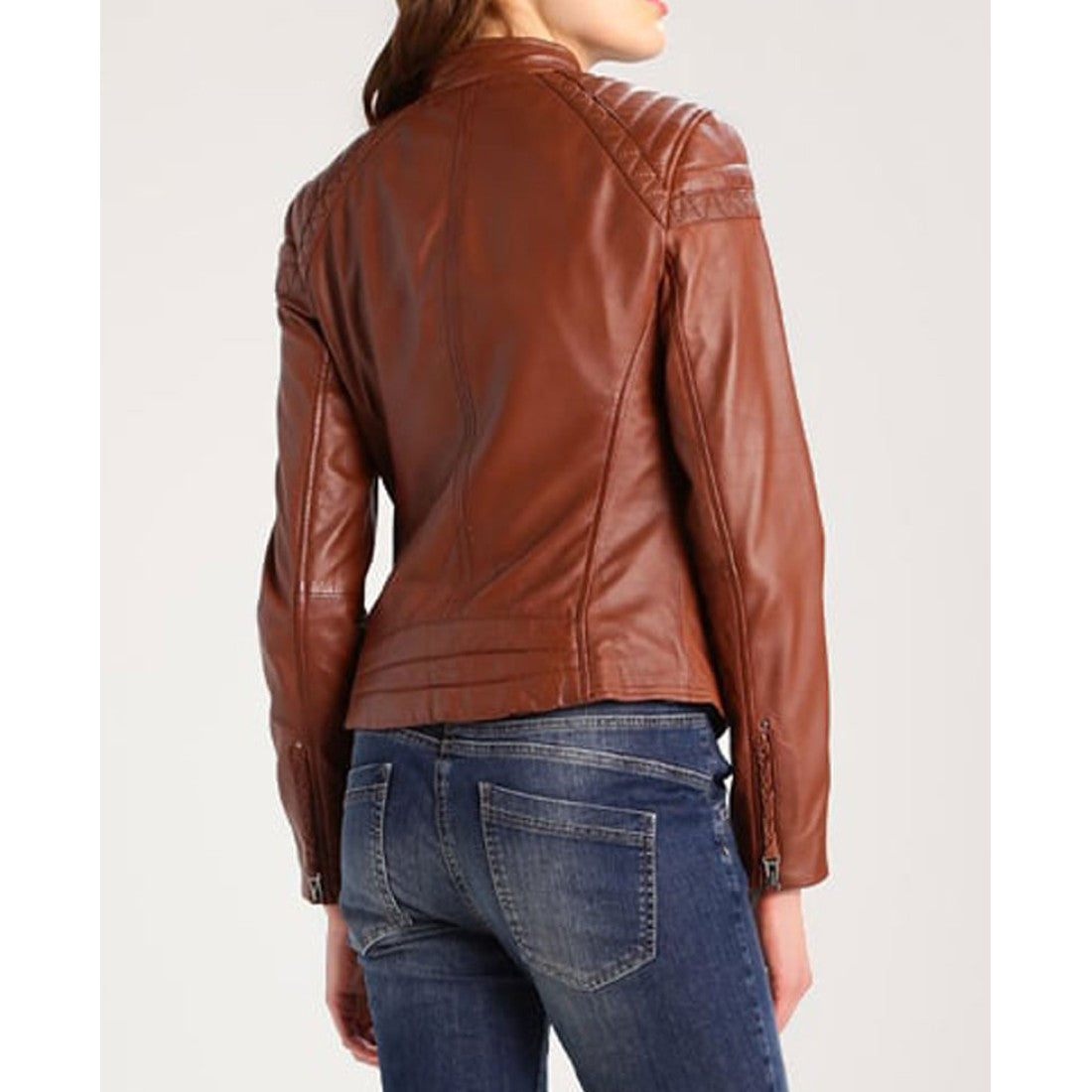 Women's Biker Style Casual Brown Leather Jacket - Image 2