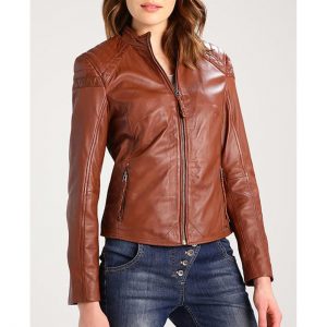 Women's Biker Style Casual Brown Leather Jacket