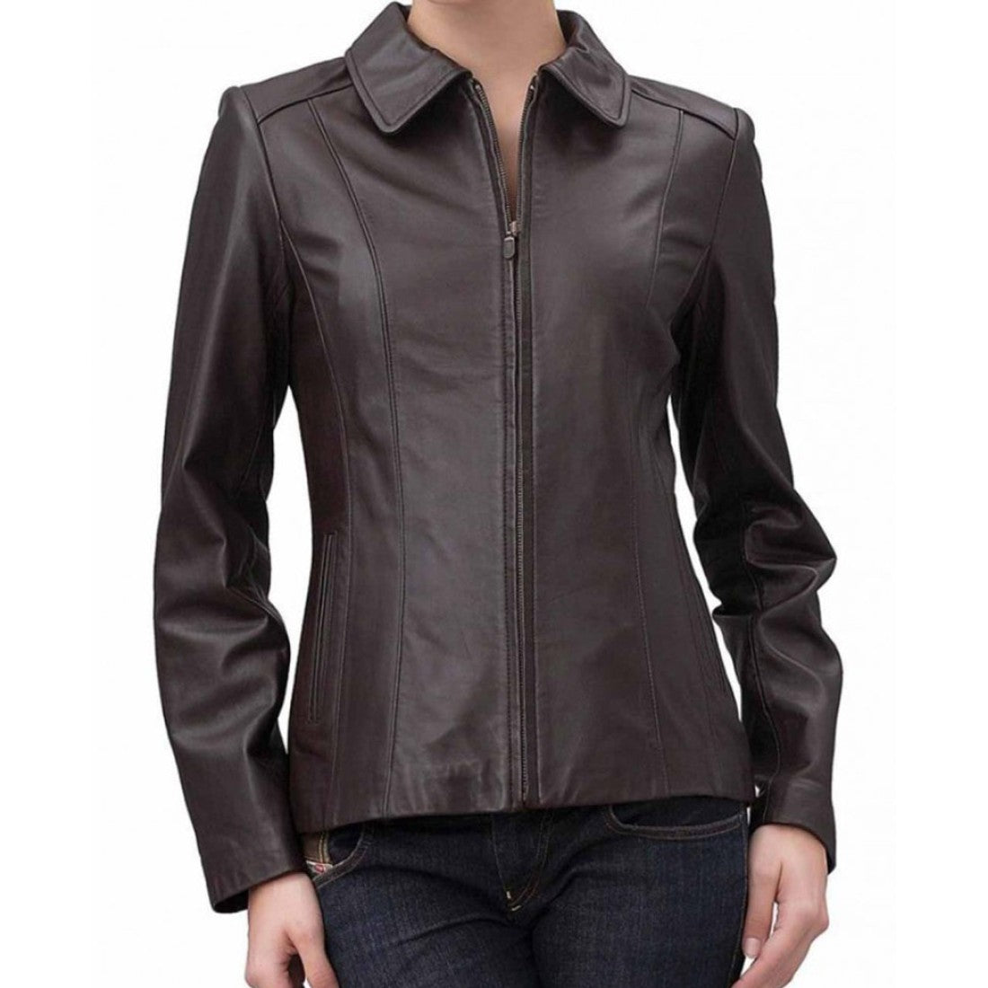 Women's Shirt Collar Casual Brown Leather Jacket