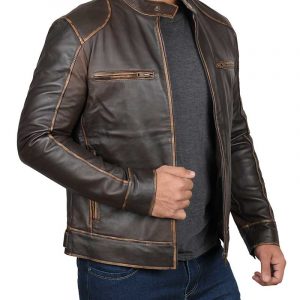 Alternative view of Dodge Vintage Brown Leather Cafe Racer Jacket