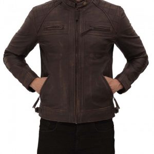 Alternative view of Mens Quilted Cafe Racer Distressed Leather Brown Jacket