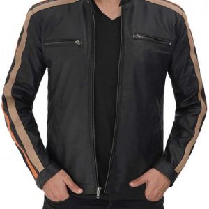 Harland Stripe Black Leather Cafe Racer Style Jacket