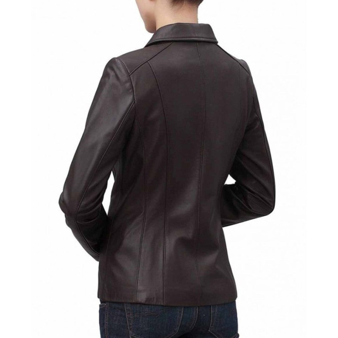 Women's Shirt Collar Casual Brown Leather Jacket - Image 3
