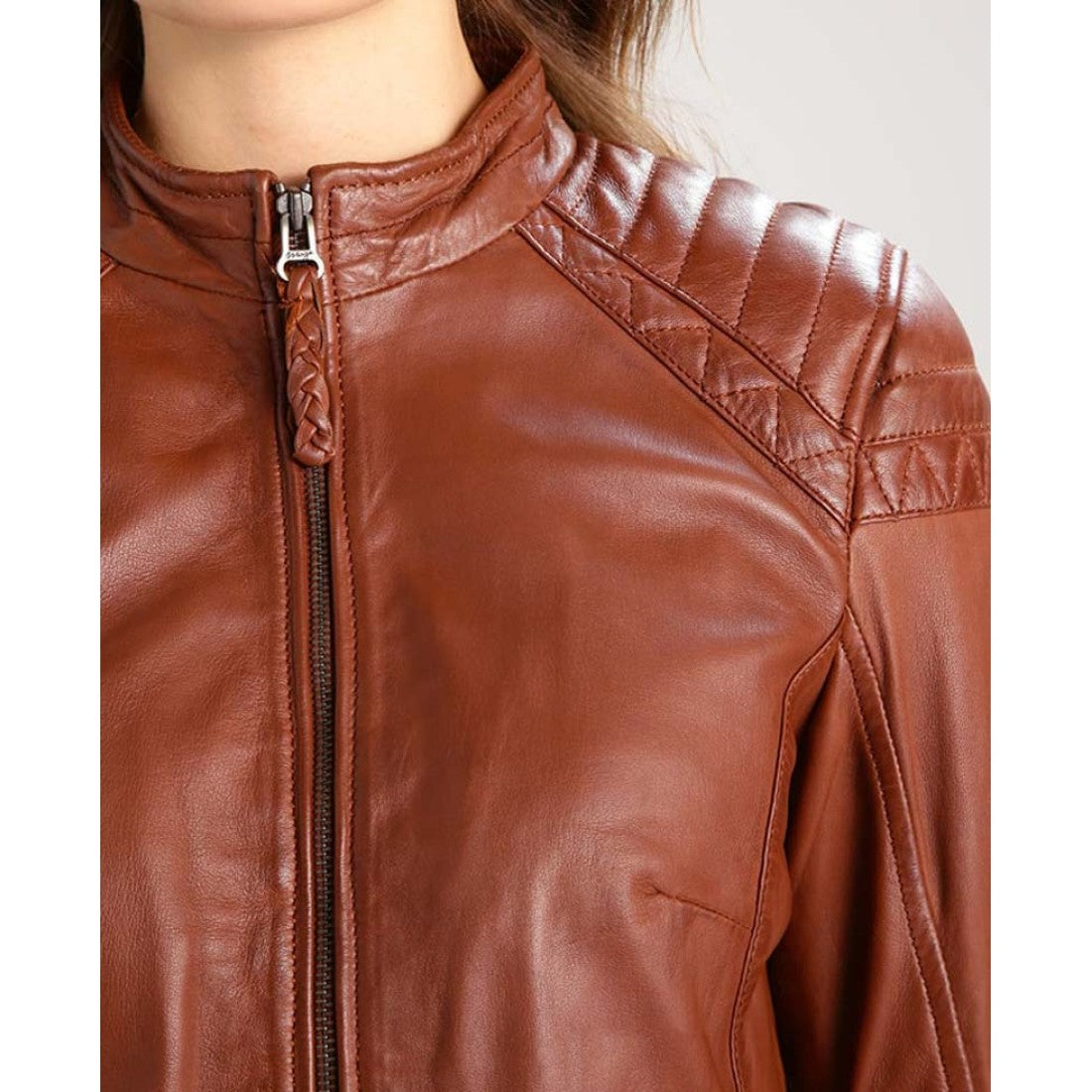 Women's Biker Style Casual Brown Leather Jacket - Image 3