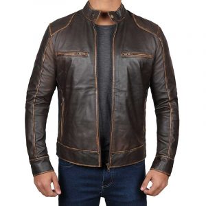 Dodge Vintage Brown Leather Cafe Racer Jacket