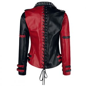 Womens Studded Leather Jacket - Handmade Punk Black & Red Studded Style Biker Silver Studs Spiked Jacket