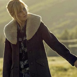 Alternative view of Kelly Reilly Yellowstone Fur Shawl Collar Coat