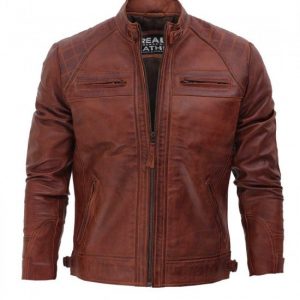 Alternative view of Mens Brown Distressed Motorcycle Leather Jacket