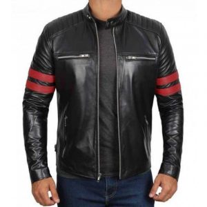 Mens Black Quilted Red Stripe Cafe Racer Leather Motorcycle Jacket
