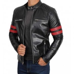 Alternative view of Mens Black Quilted Red Stripe Cafe Racer Leather Motorcycle Jacket