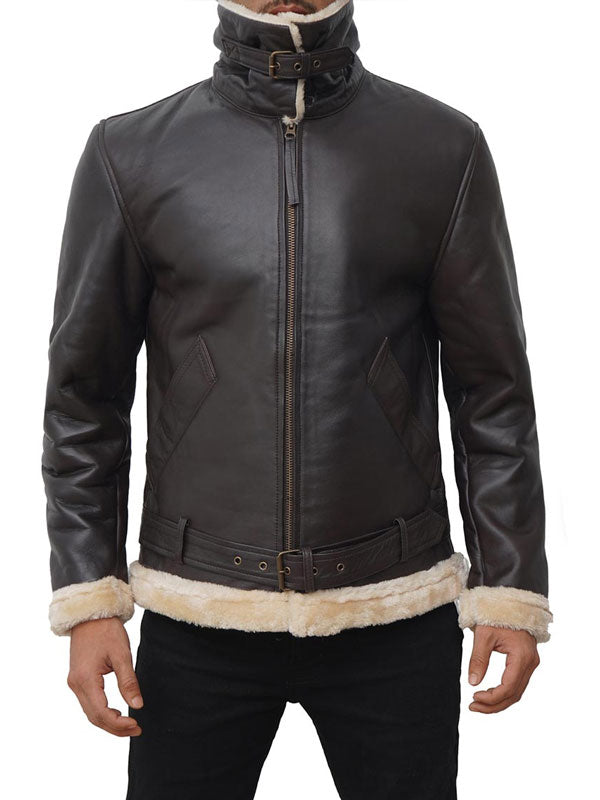 Men's Brown Pilot Bomber Shearling Jacket - Image 3