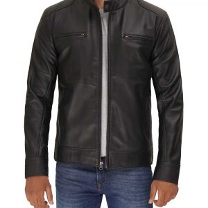 Dodge Mens Black Cafe Racer Leather Jacket