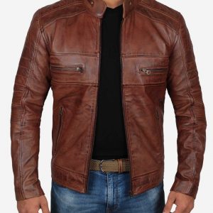 Austin Mens Distressed Brown Leather Cafe Racer Jacket
