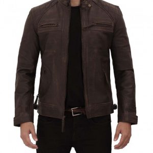 Mens Quilted Cafe Racer Distressed Leather Brown Jacket