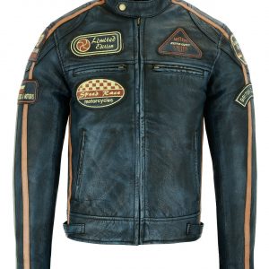 Mens British Motorcycle Black Wax Leather Badges Jacket Biker Tan Green Striped