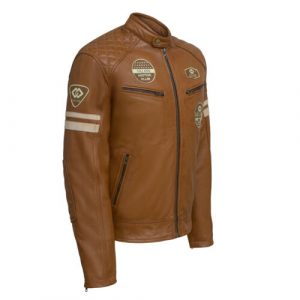 Alternative view of Classic Mens British Motorcycle Leather Jacket With Badges Biker Tan Striped