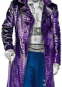 Men's Jared Leto Joker Suicide The Squad Purple Leather Trench Coat