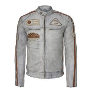Classic Mens British Motorcycle Leather Jacket With Badges Biker Dirty Grey