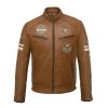 Classic Mens British Motorcycle Leather Jacket With Badges Biker Tan Striped