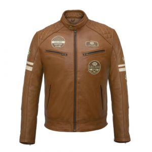 Classic Mens British Motorcycle Leather Jacket With Badges Biker Tan Striped