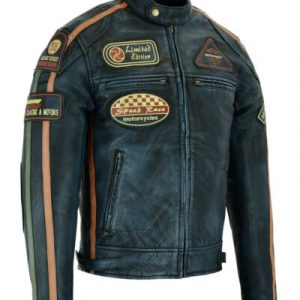 Alternative view of Mens British Motorcycle Black Wax Leather Badges Jacket Biker Tan Green Striped