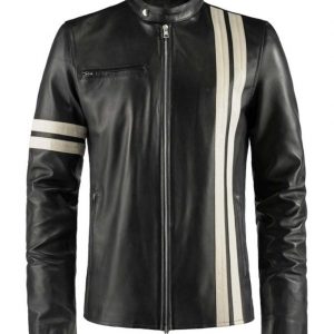 Driver San Francisco John Tanner Leather Jacket | Men's Vintage Biker Retro White Stripes Café Racer Motorcycle Black Leather Jacket